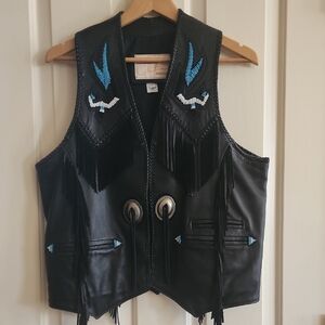 Black Leather Vest with Blue Embroidery